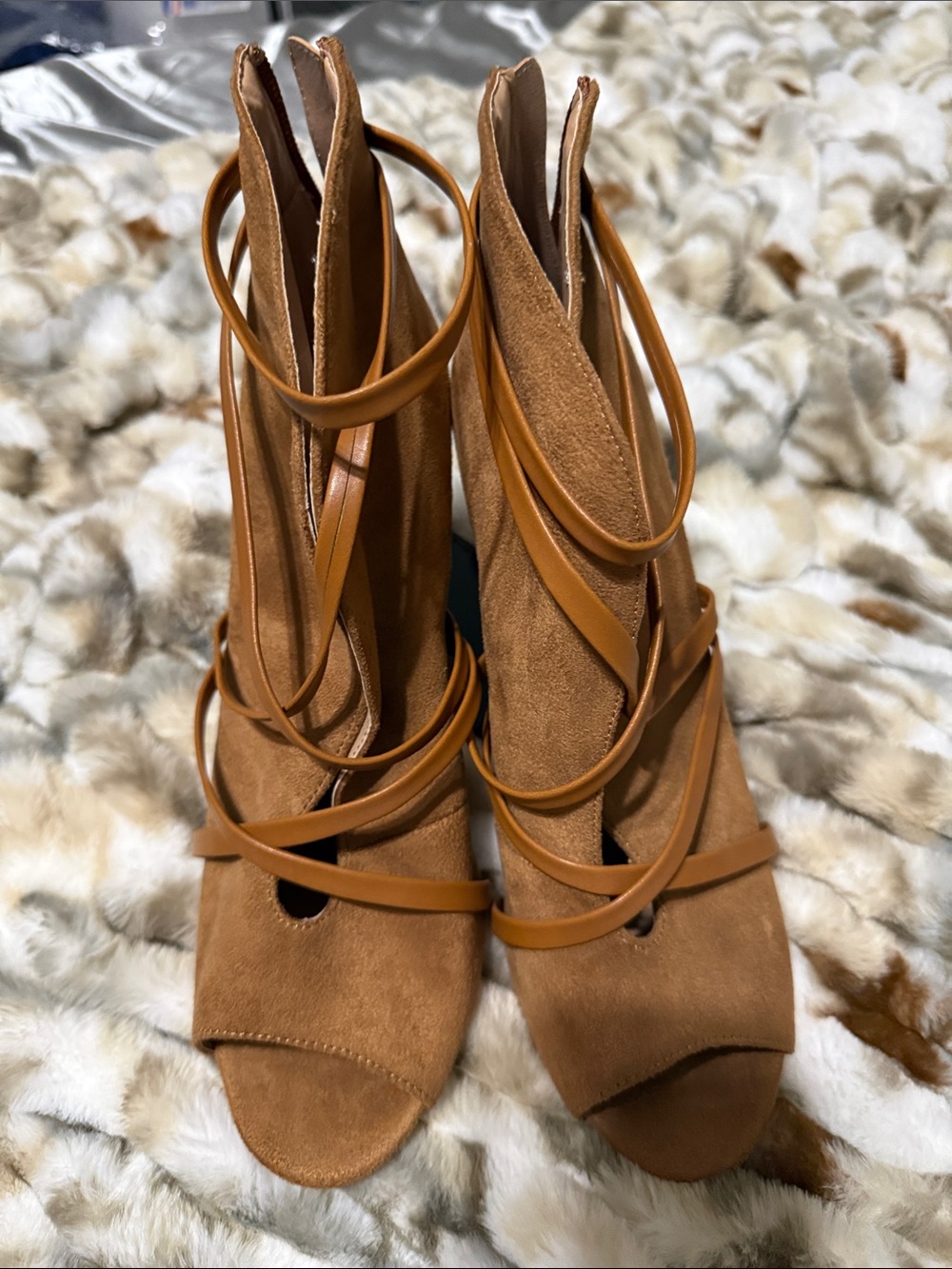Journee Collection Tan Suede Lace-Up Peep Toe Heels